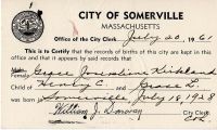 KIRKLAND, Grace Josephine - Birth Certificate
Somerville, Middlesex, Massachusetts, USA