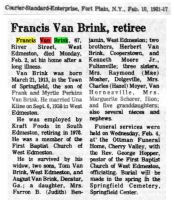 VAN BRINK, Francis 'Frank' - Obituary
Courier Standard Enterprise - 19 Feb 1981 - Page 17
