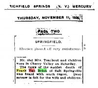 VAN BRINK, Frank - Obituary - 11 Nov 1926
Richfield Springs Mercury, Richfield Springs, NY 